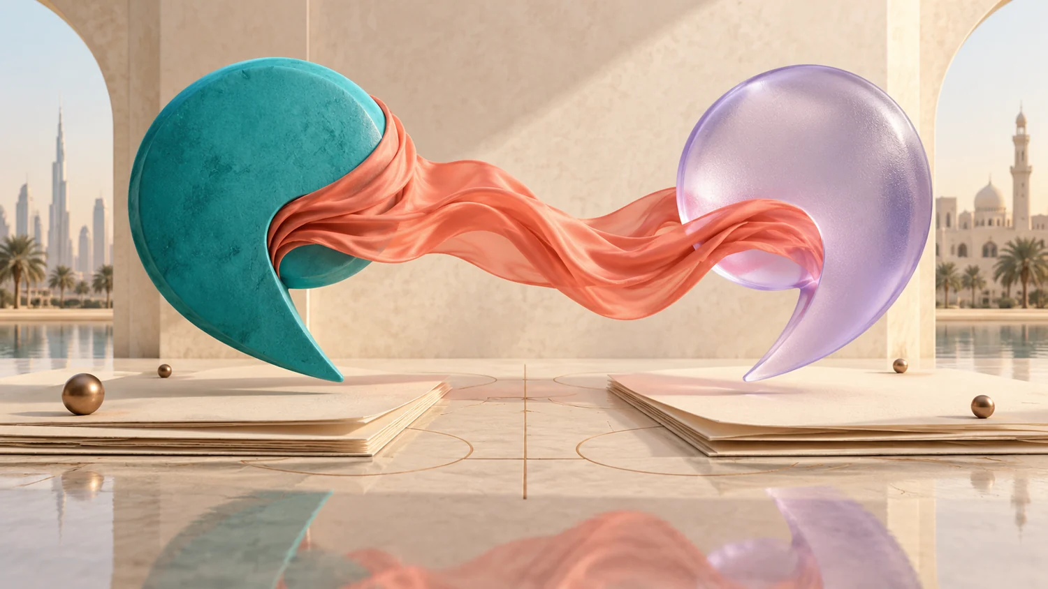 Two sculptural speech forms connected by a shared ribbon