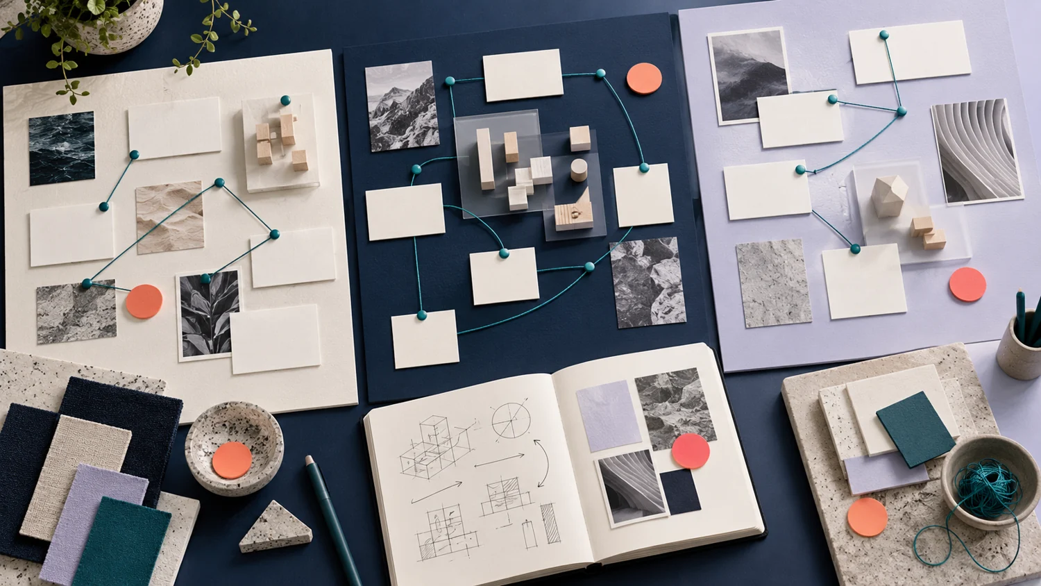 Illustrative project boards with process connections and review markers