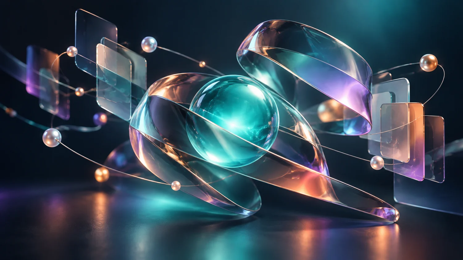 Abstract glass ribbons and connected nodes around a luminous turquoise core
