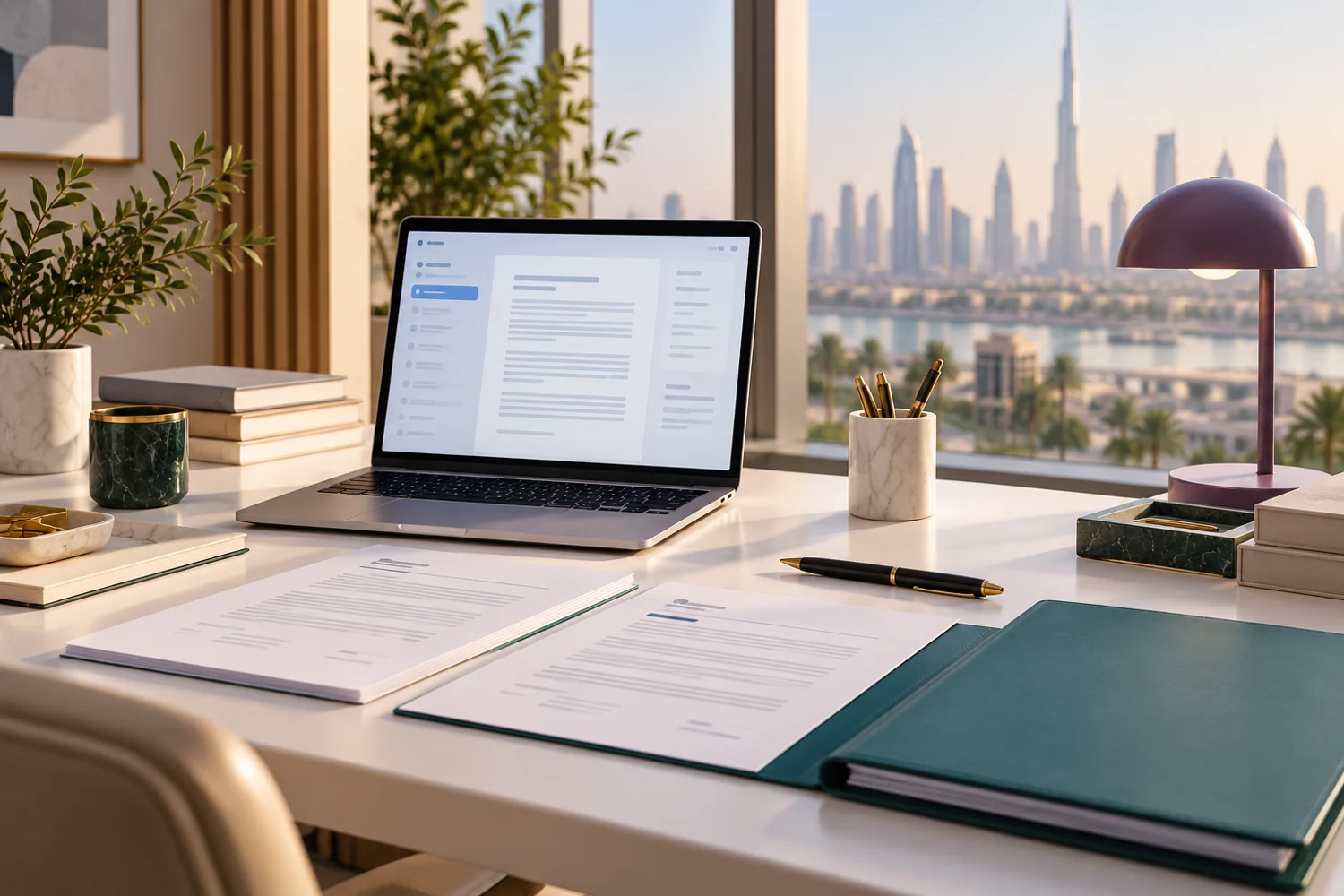 Illustrative document-preparation desk with laptop, folders and a pen