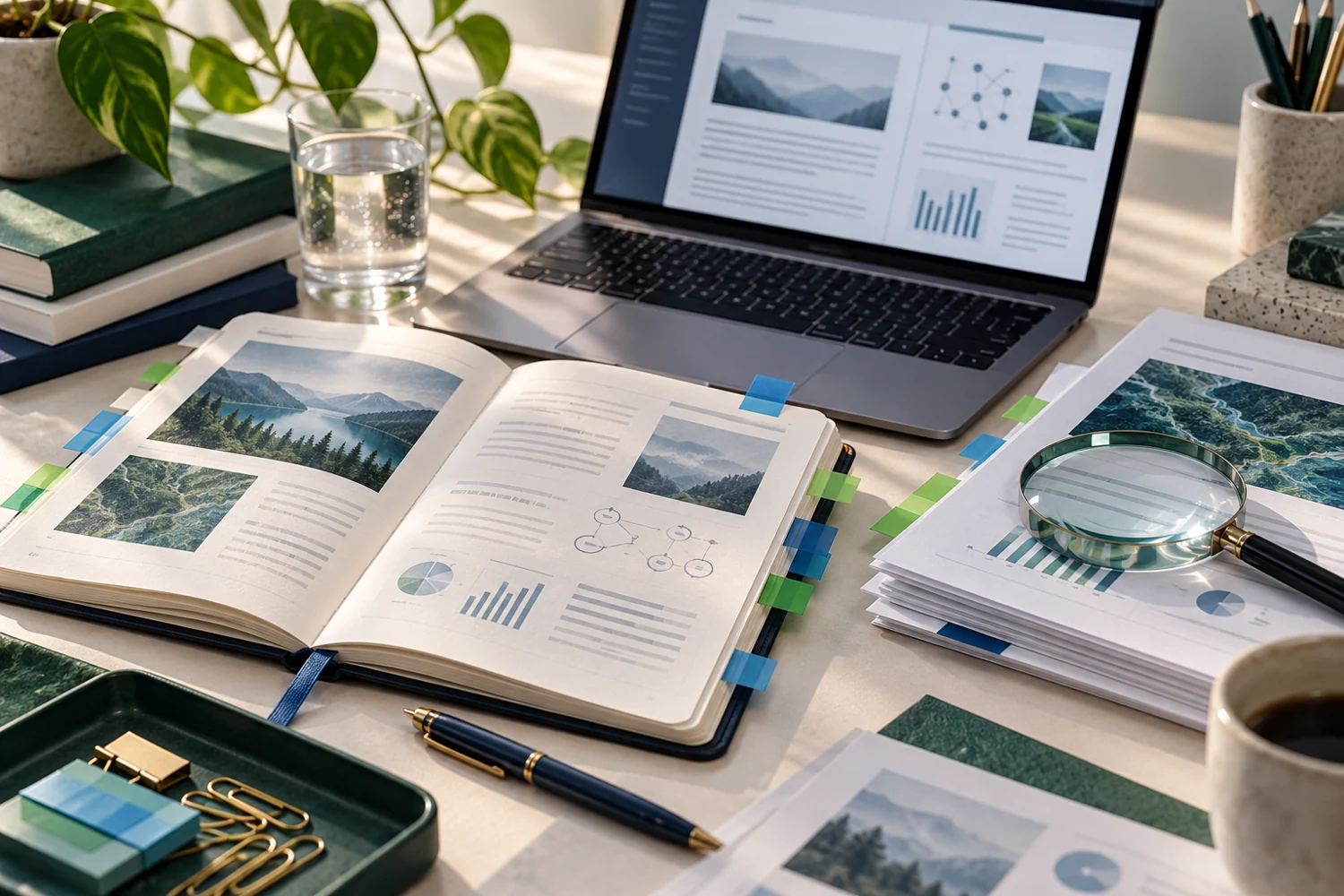 Illustrative research desk with source pages, notebook and magnifying lens